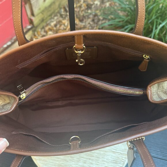 COACH Signature Coated Canvas Leather Drawstring Carryall Women's Tote New - Picture 12 of 15